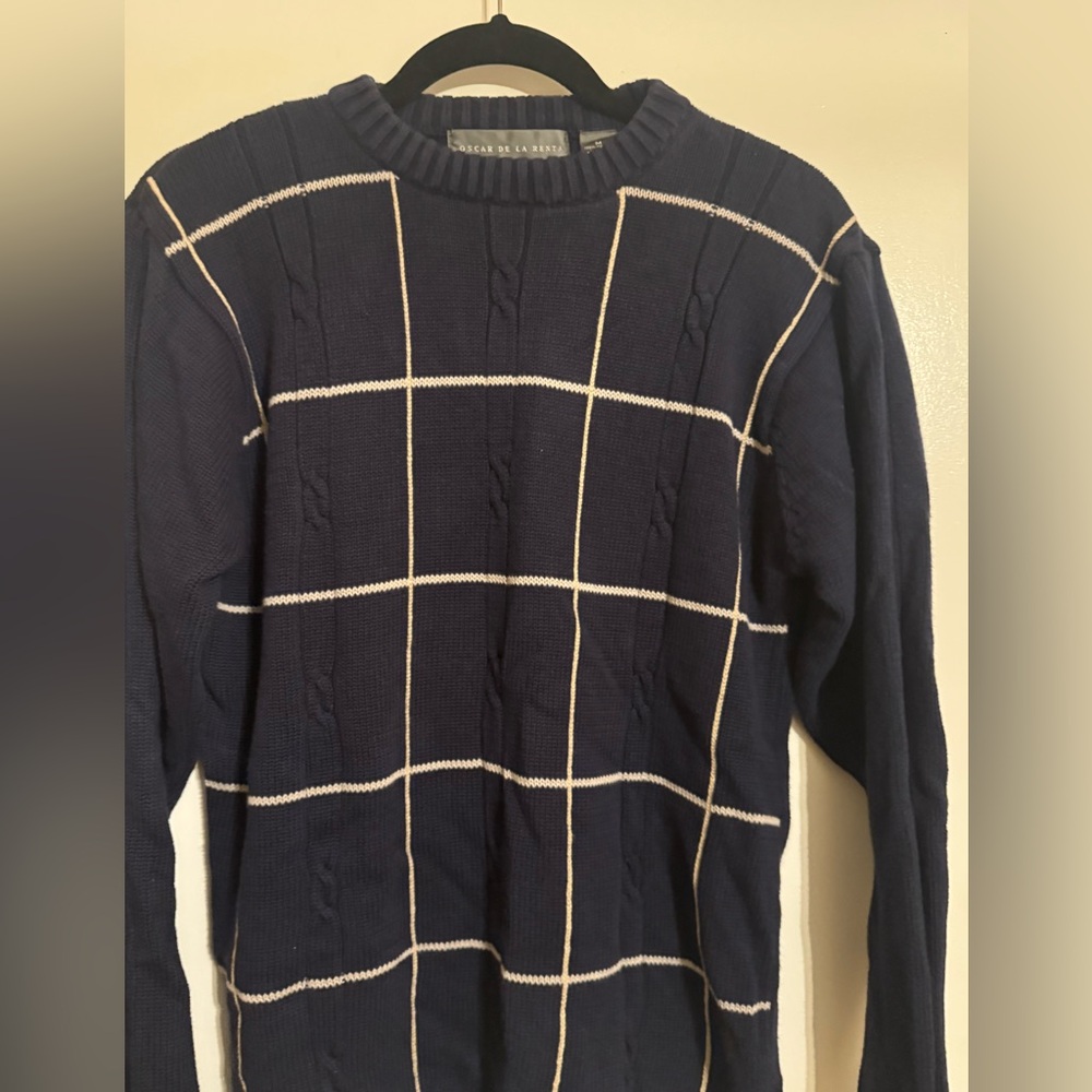 Oscar de la Renta Studio Navy Cable Windowpane Sweater men's size  Medium